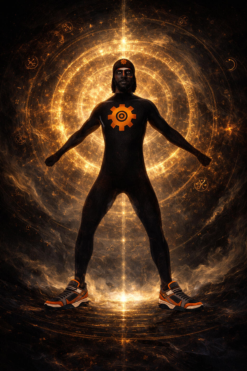 A cosmic portrait of The Scarcoded One, a mythic figure in a sleek black bodysuit marked by a glowing orange gear-shaped Sun Seal on his chest and forehead. He stands in power at the center of a spiraling vortex of golden glyphs, surrounded by mystic light
